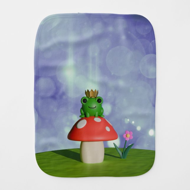 Cute Cartoon Frog Wearing a Crown on a Mushroom Baby Burp Cloth (Front)