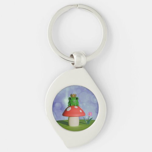 Cute Cartoon Frog Wearing a Crown on a Mushroom Keychain