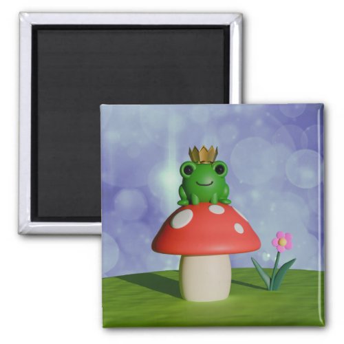 Cute Cartoon Frog Wearing a Crown on a Mushroom Magnet