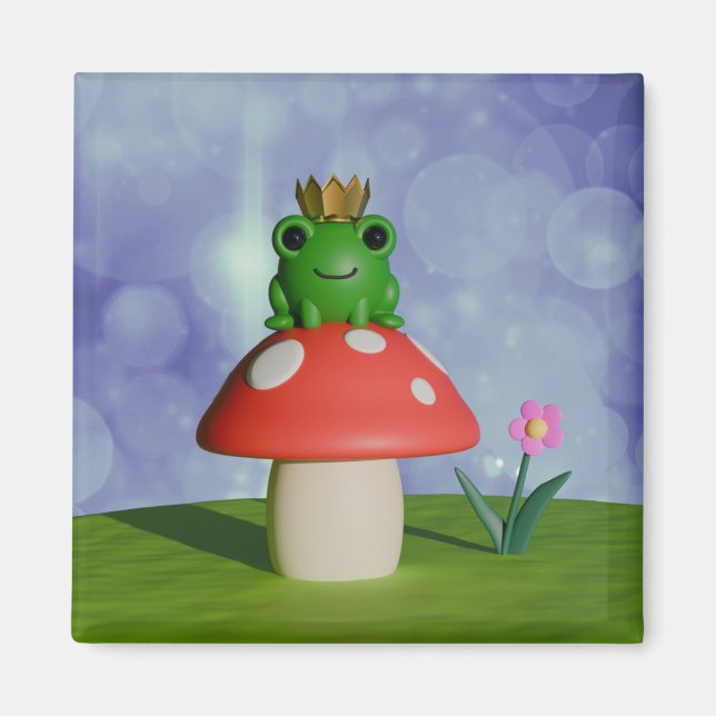 Cute Cartoon Frog Wearing a Crown on a Mushroom Magnet (Front)