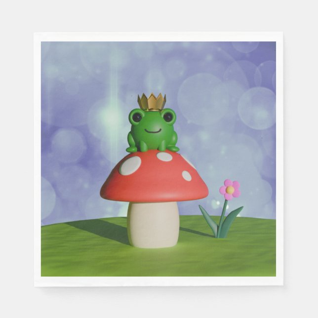 Cute Cartoon Frog Wearing a Crown on a Mushroom Napkins (Front)