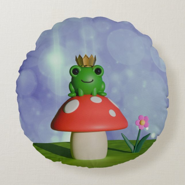 Cute Cartoon Frog Wearing a Crown on a Mushroom Round Pillow (Front)