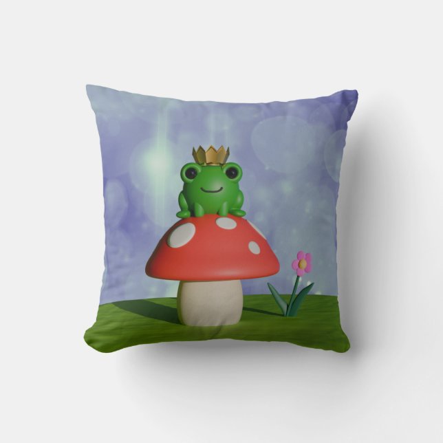 Cute Cartoon Frog Wearing a Crown on a Mushroom Throw Pillow (Front)