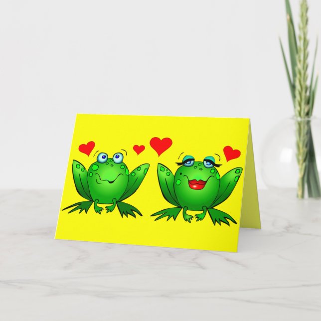 Cute Cartoon Frogs Hearts Bright Cheerful Colorful Card (Front)