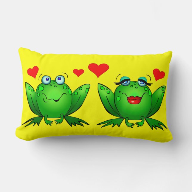 Cute Cartoon Frogs Hearts Bright Cheerful Colorful Lumbar Pillow (Front)