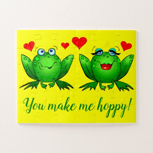 Cute Cartoon Frogs Hearts Cheerful Colorful Jigsaw Puzzle