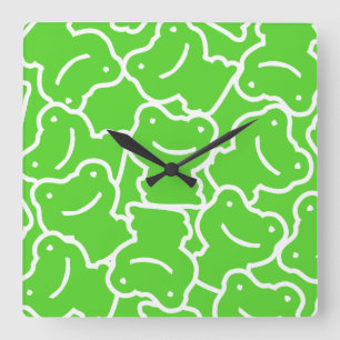 Cute Cartoon Frogs Pattern Green And White Square Wall Clock