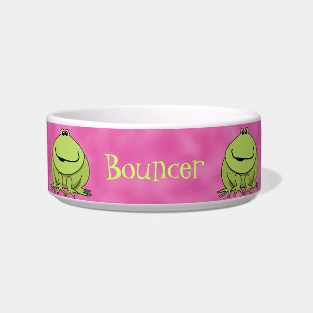 Cute Cartoon Frogs Pink Personalized Pet Bowl (Front)