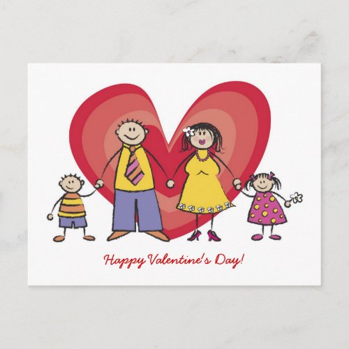 Cute Cartoon Fun Happy Family Love Heart Valentine Holiday Postcard