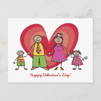 Cute Cartoon Fun Happy Family Love Heart Valentine Holiday Postcard