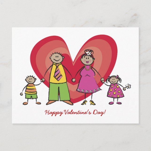 Cute Cartoon Fun Happy Family Love Heart Valentine Holiday Postcard (Front)
