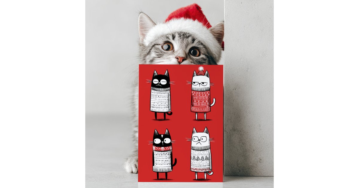 Cute Cartoon Funny Cats Lover Red Meowy Christmas Holiday Card | Zazzle