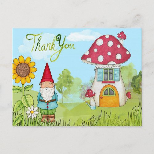 Cute Cartoon Garden Gnome and House Thank You Postcard
