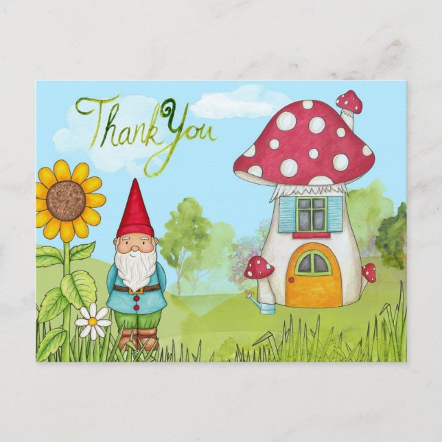 Cute Cartoon Garden Gnome and House Thank You Postcard (Front)