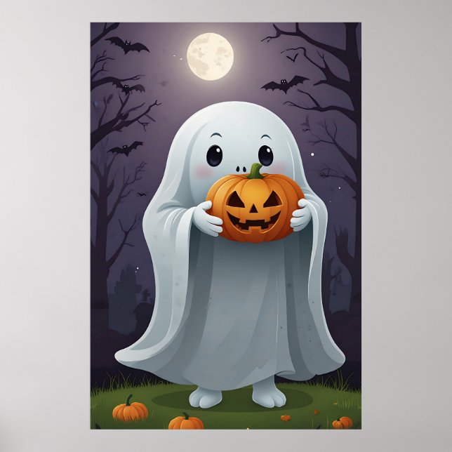 Cute Cartoon Ghost Holding a Trick-or-Treat Bag Poster (Front)