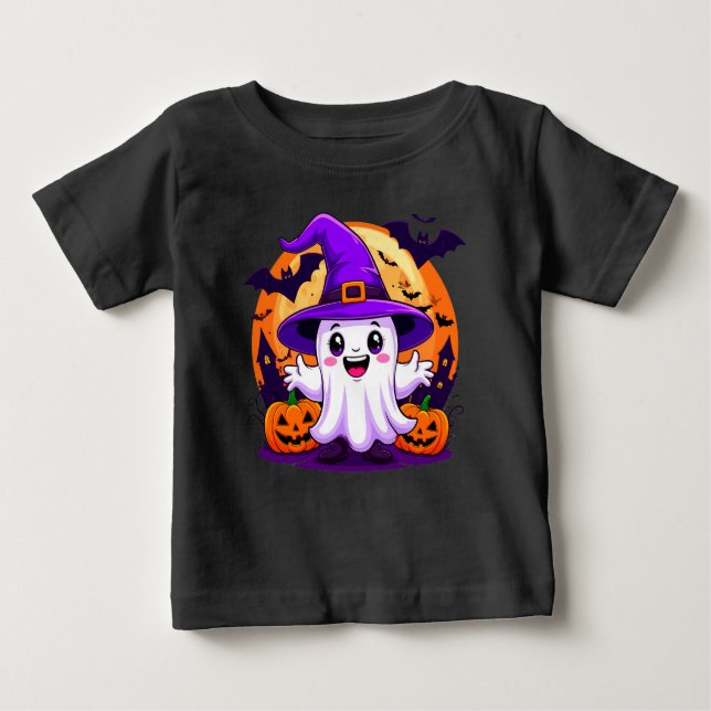 Cute Cartoon Ghost in Witch Hat with Pumpkins Baby T-Shirt (Front)