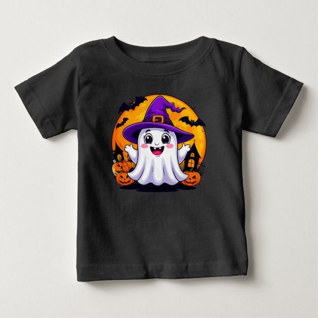 Cute Cartoon Ghost in Witch Hat with Pumpkins Baby T-Shirt (Front)