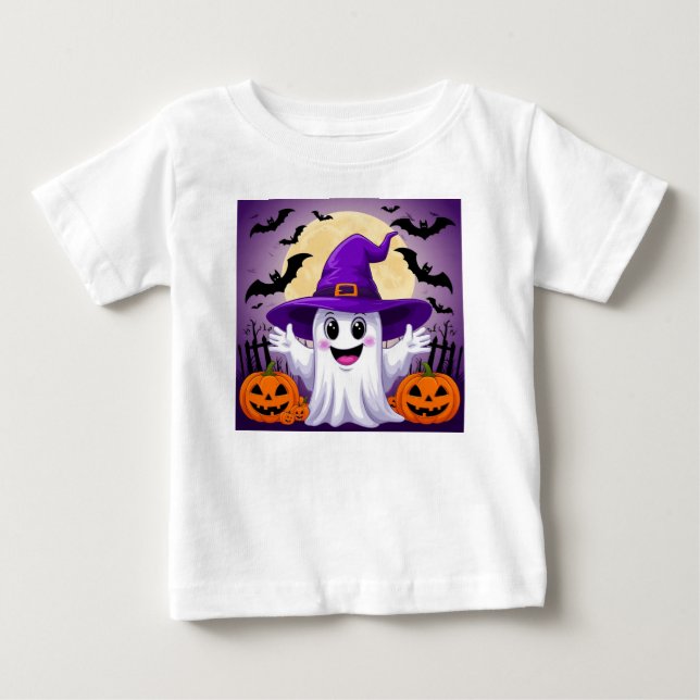 Cute Cartoon Ghost in Witch Hat with Pumpkins Baby T-Shirt (Front)