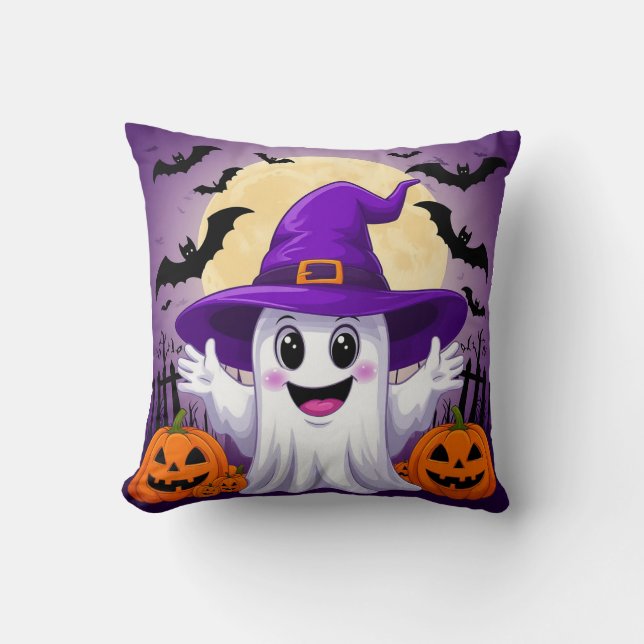 Cute Cartoon Ghost in Witch Hat with Pumpkins Throw Pillow (Front)