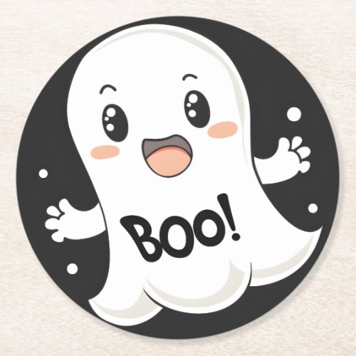 Cute Cartoon Ghost saying BOO Round Paper Coaster