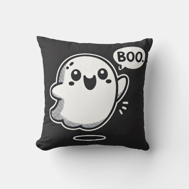 Cute Cartoon Ghost Saying Boo Throw Pillow (Front)