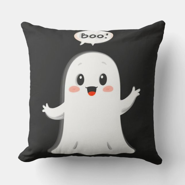 Cute Cartoon Ghost Saying Boo Throw Pillow (Front)