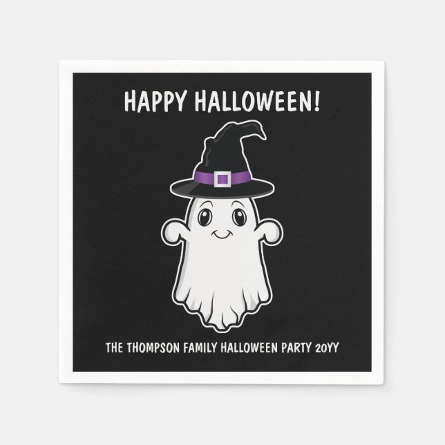 Cute Cartoon Ghost Spirit With Witch Hat Halloween Napkins (Front)