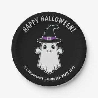 Cute Cartoon Ghost Spirit With Witch Hat Halloween Paper Plates