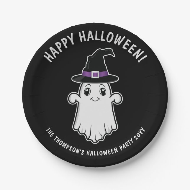 Cute Cartoon Ghost Spirit With Witch Hat Halloween Paper Plates (Front)