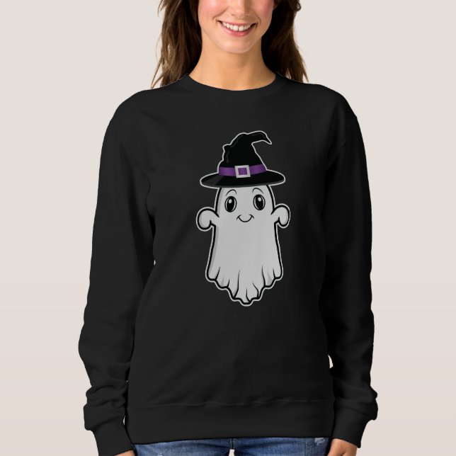 Cute Cartoon Ghost Spirit With Witch Hat Halloween Sweatshirt (Front)