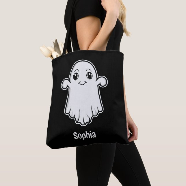 Cute Cartoon Ghost With Custom Name White Black Tote Bag (Close Up)