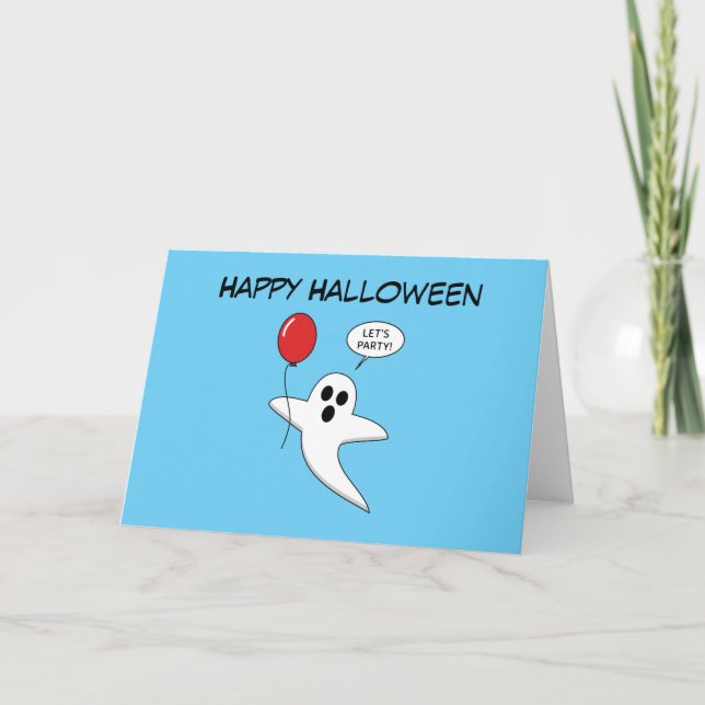 Cute Cartoon Ghost with Red Balloon | Add Text Holiday Card (Front)