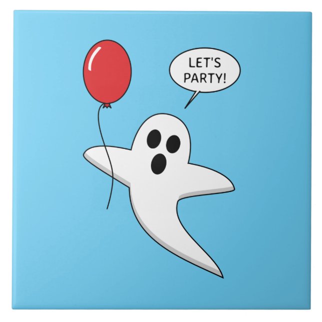 Cute Cartoon Ghost with Red Balloon Ceramic Tile (Front)