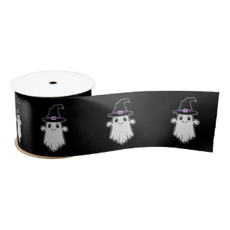 Cute Cartoon Ghost With Witch Hat Halloween Black Satin Ribbon