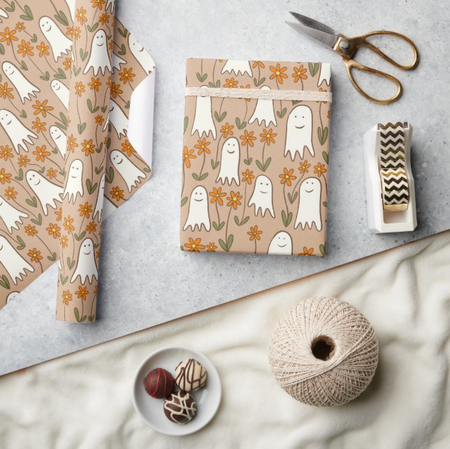 Cute Cartoon Ghosts in the Garden Halloween Wrapping Paper (Crafts)