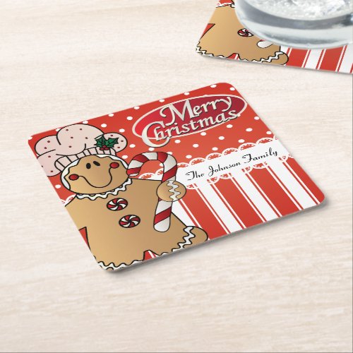 Cute Cartoon Gingerbread Man Square Paper Coaster