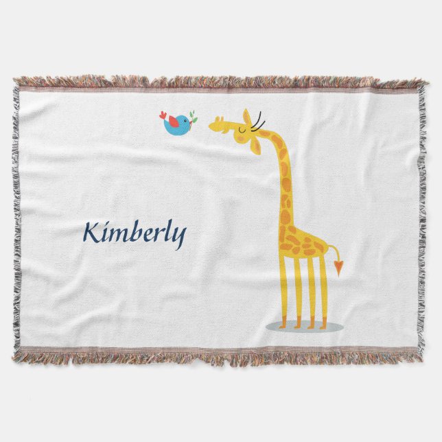 Cute cartoon giraffe and bird throw blanket (Front)
