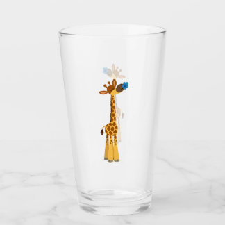 Cute Cartoon Giraffe and Blue Flower Glass Tumbler