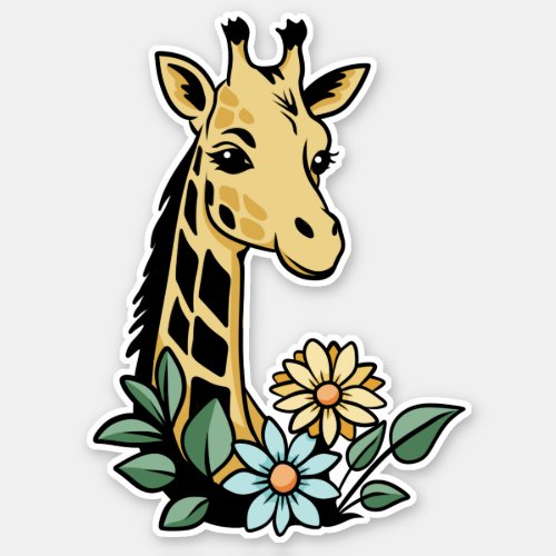 Cute Cartoon Giraffe And Flowers Sticker