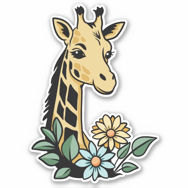 Cute Cartoon Giraffe And Flowers Sticker (Front)
