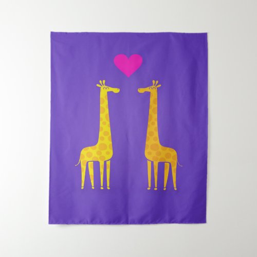 Cute Cartoon Giraffe Couple In Love Tapestry