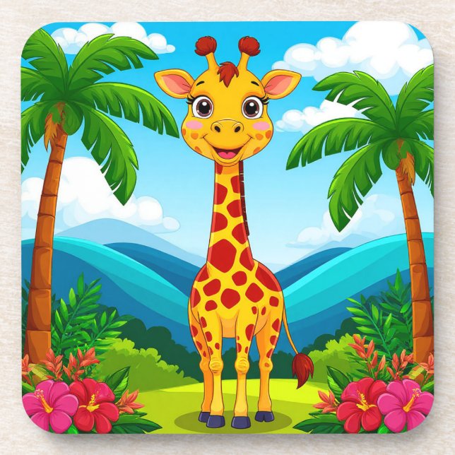 Cute Cartoon Giraffe in a Tropical Landscape Beverage Coaster (Front)