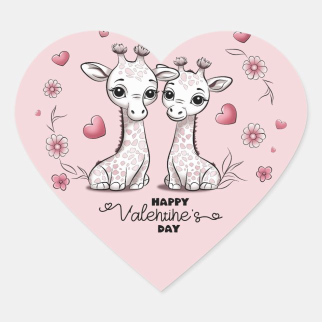 Cute Cartoon Giraffe Lovers Heart Valentine’s Day Heart Sticker (Front)