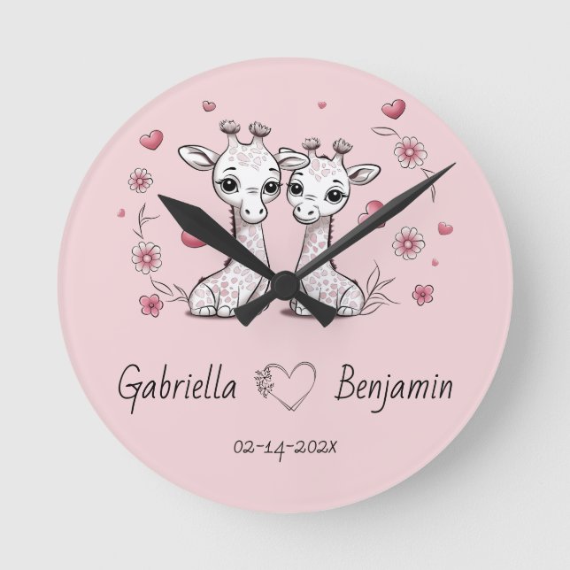 Cute Cartoon Giraffe Lovers Heart Valentine’s Day  Round Clock (Front)