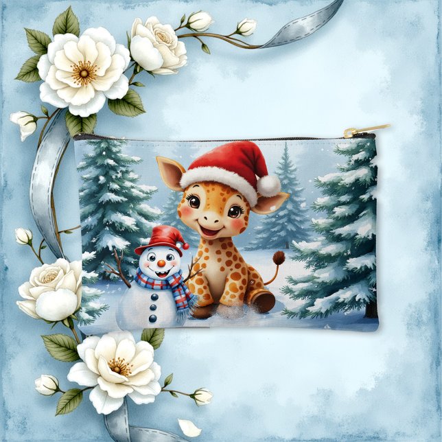 Cute Cartoon Giraffe with Santa Hat & Snowman Accessory Pouch (Creator Uploaded)