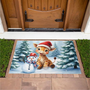 Cute Cartoon Giraffe with Santa Hat & Snowman Doormat