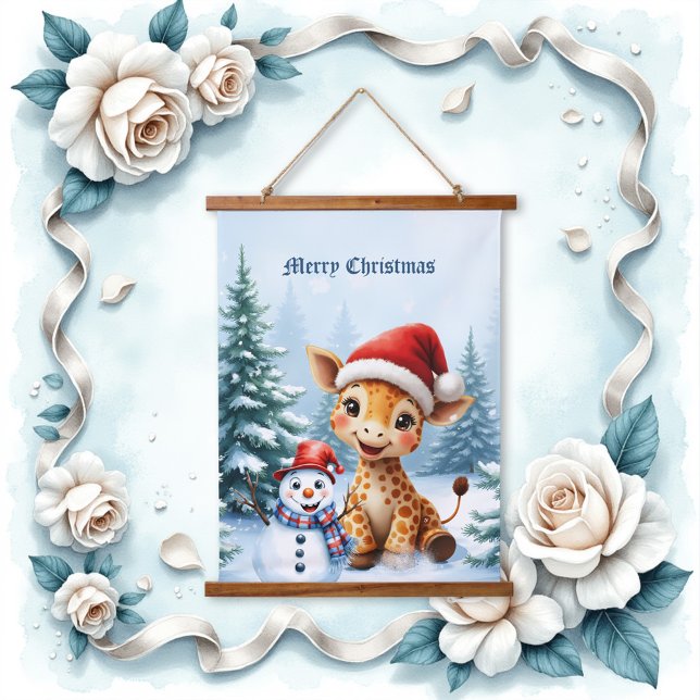 Cute Cartoon Giraffe with Santa Hat & Snowman Hanging Tapestry (Creator Uploaded)