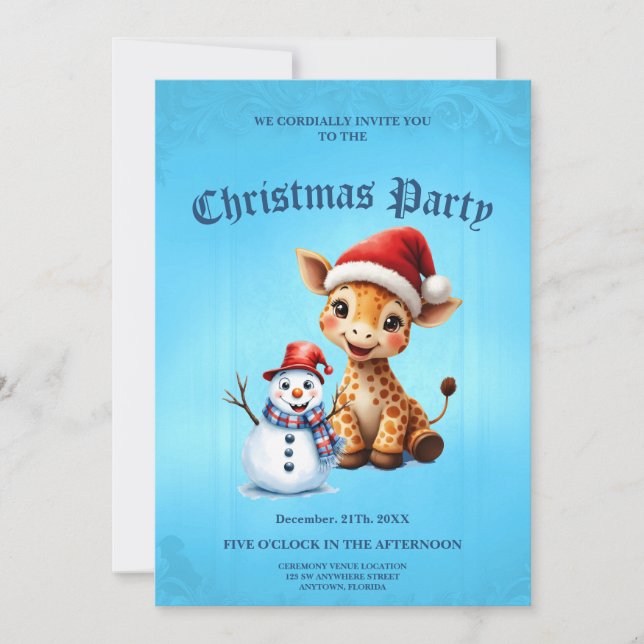 Cute Cartoon Giraffe with Santa Hat & Snowman Invitation (Front)
