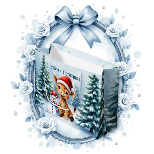 Cute Cartoon Giraffe with Santa Hat & Snowman Large Gift Bag