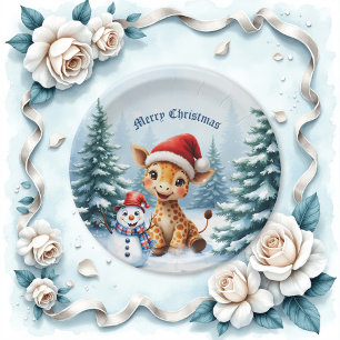 Cute Cartoon Giraffe with Santa Hat & Snowman Paper Plates